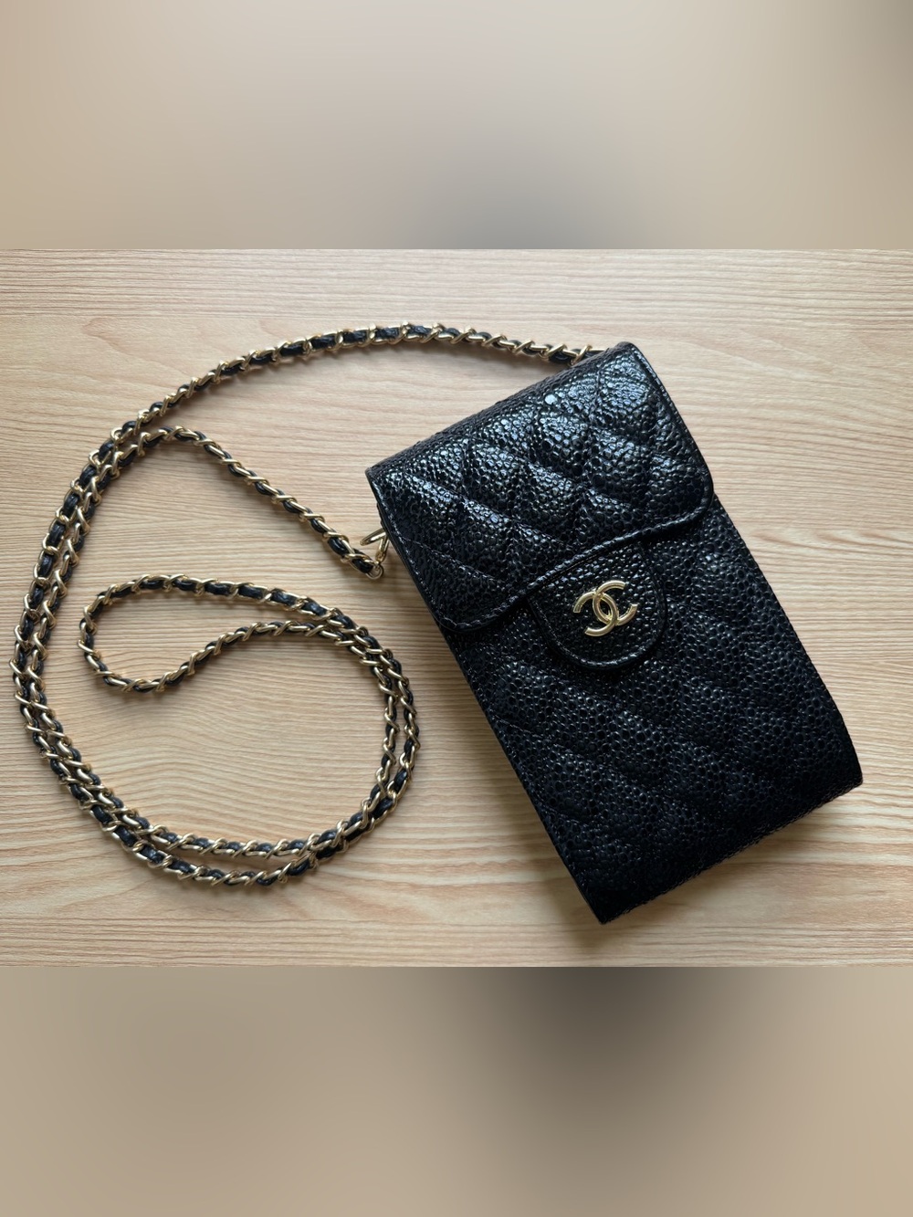 Black Quilted Leather Crossbody Phone Bag with Gold Chain